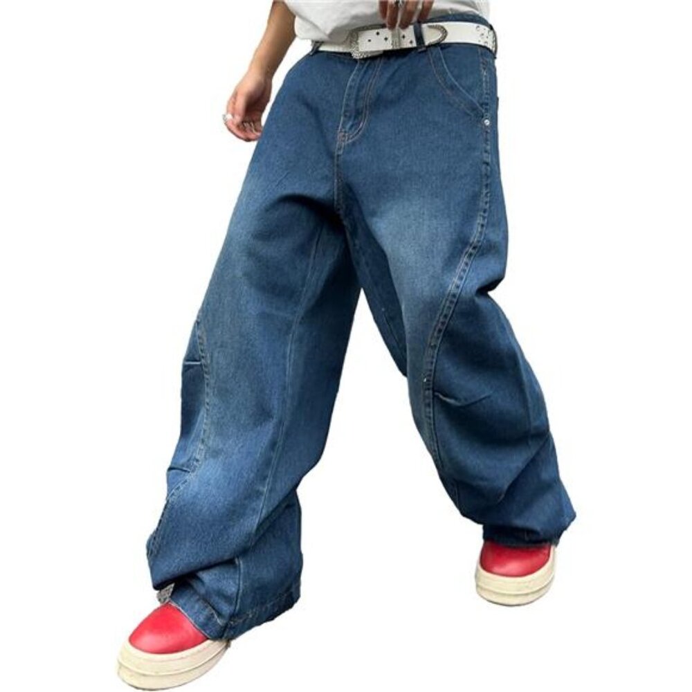 Men's Irregular Sutures Y2k Hip Hop Baggy Jeans Wide Leg Denim Pants Casual